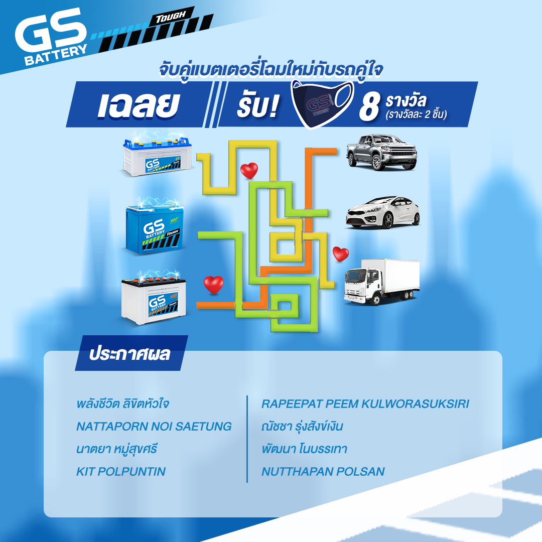 GS BATTERY ประกาศรายชื่อผู้โชคดี ที่ร่วมสนุกในกิจกรรม จับคู่แบตเตอรี่โฉมใหม่ กับรถคู่ใจ
